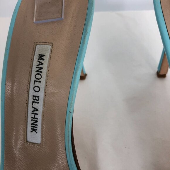 Manolo  Blahnik Maurila Turquoise Geometric Laser Cut Sandal Heels Leather 41 - Picture 9 of 16